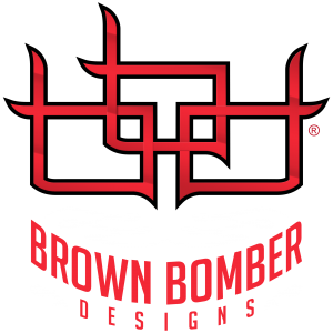 Brown Bomber Designs Red Logo on White background